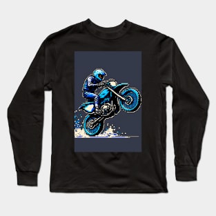 Dirt bike cool wheelie - pixel art style blue and tan Long Sleeve T-Shirt